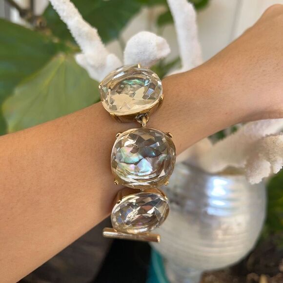 Oscar de la Renta  Mother of Pearl & Crystal Link Bracelet Gorgeous Statement Pi - Picture 1 of 16